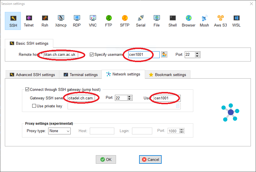 Screenshot of MobaXterm ssh settings