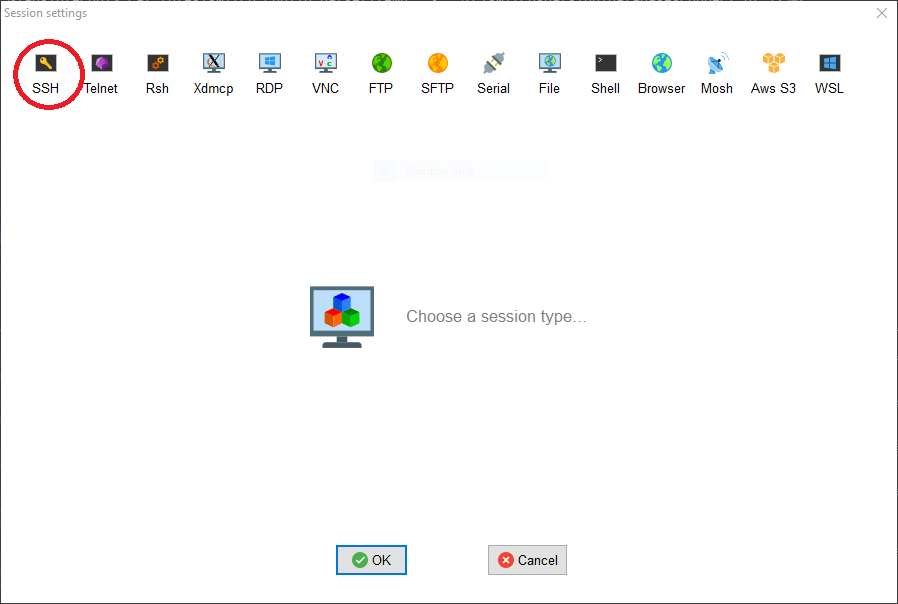 MobaXterm session selection window with SSH circled