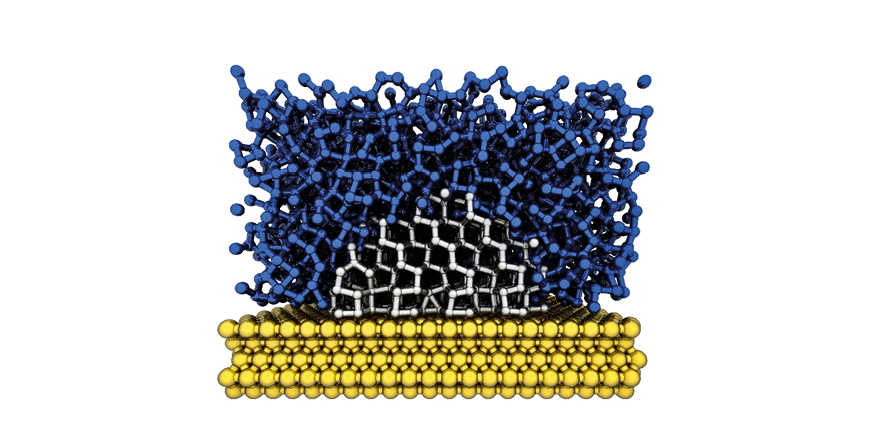 Water (blue) crystallising into ice around a substrate (white) against a yellow molecule.