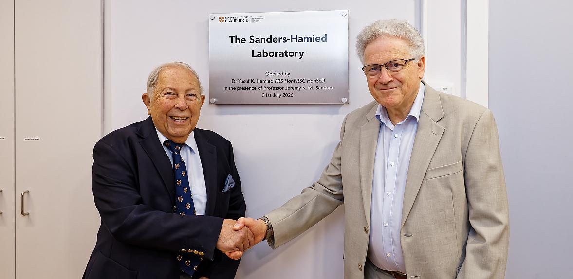 Yusuf Hamied and Jeremy Sanders open the Sanders-Hamied Laboratory. 
