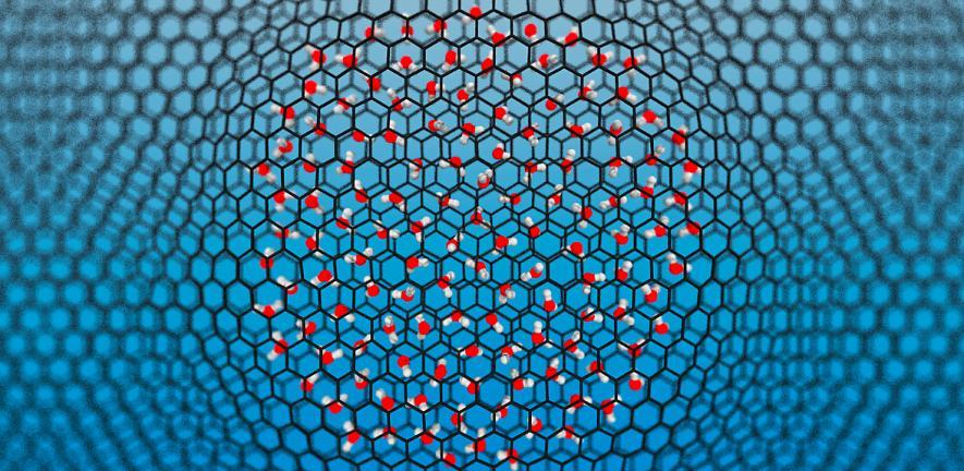 A handful of water molecules: a top-down view of a nanoscale water droplet trapped between two-dimensional sheets of graphene. Credit: Xavier Rosas Advincula