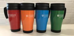 Colourful sustainable cups with Chemistry Department's name written on them