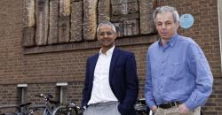 Shankar Balasubramanian and David Klenerman outside the Yusuf Hamied Department of Chemistry 