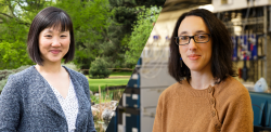 Two images of women, one in the botanical gardens and one in the lab.