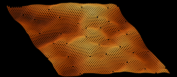 Small holes in an orange digital representation of a sheet of graphene.