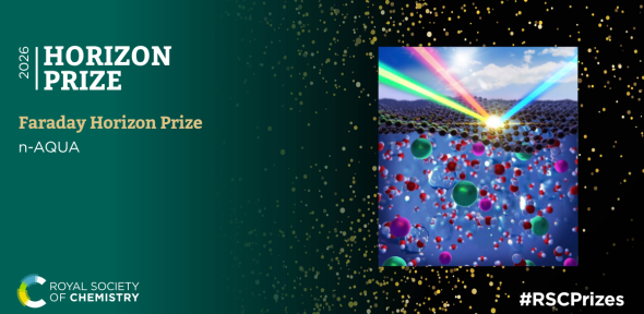 Text: nAQUA Horizon Prize, Faraday Horixon Prize, Royal Society of Chemistry. Image: molecules, including water molecules, beneath beams of light.