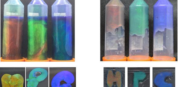 Hydrogels in plastic tubes with iridescent colours