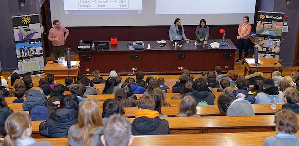 Long shot of Reisner & outreach team with audience in Wolfson Theatre