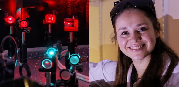 A laser instrument on left; Evgenia Lobanova on right