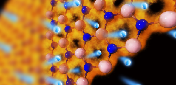 Protons (blue) passing through a layer of graphene (orange).
