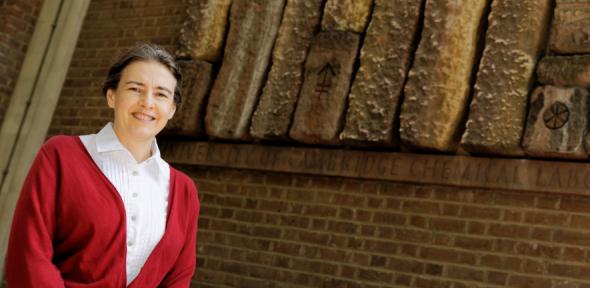 Head and shoulders image of Clare Grey in front of red brick building
