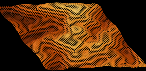 Small holes in an orange digital representation of a sheet of graphene.