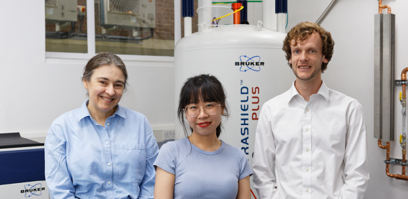 Prof Dame Clare Grey Xinyu Liu Dr Alex Forse in the lab