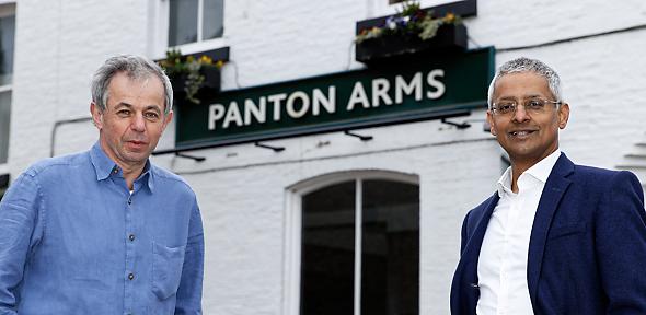 Klenerman and Balasubramannian in front of the Panton Arms pub