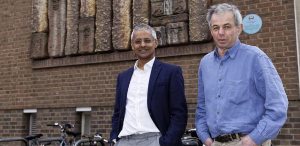Shankar Balasubramanian and David Klenerman outside the Yusuf Hamied Department of Chemistry