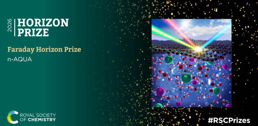 Text: nAQUA Horizon Prize, Faraday Horixon Prize, Royal Society of Chemistry. Image: molecules, including water molecules, beneath beams of light.