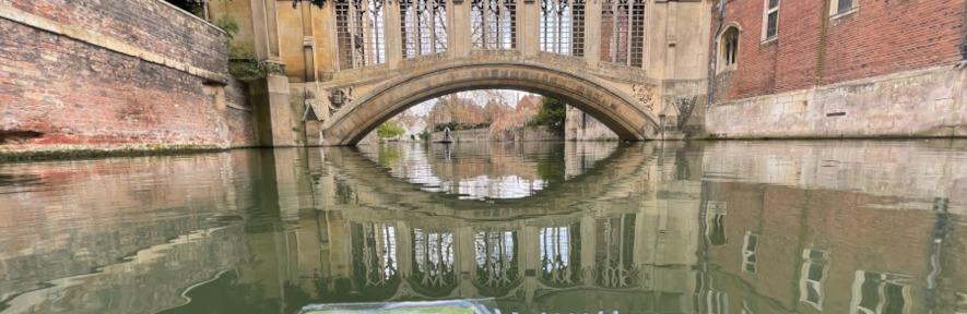 An artificial leaf floats on the River Cam near the Bridge of Sighs