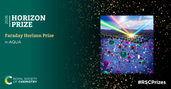 Text: nAQUA Horizon Prize, Faraday Horixon Prize, Royal Society of Chemistry. Image: molecules, including water molecules, beneath beams of light.