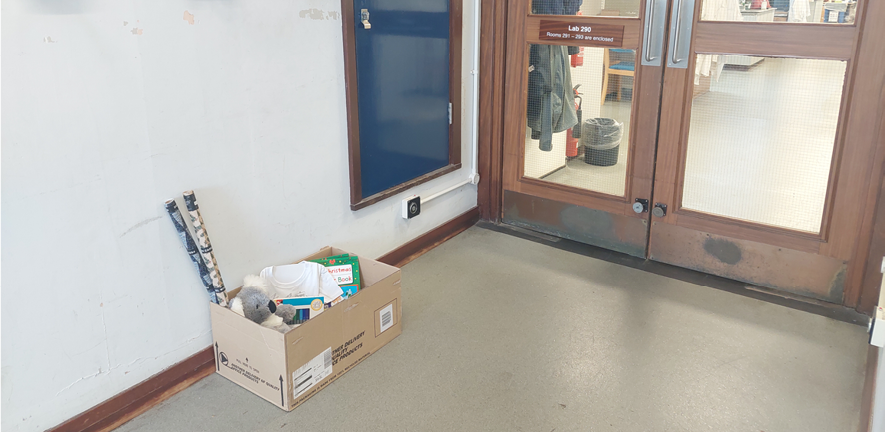 Cardboard box with presents near the lab.