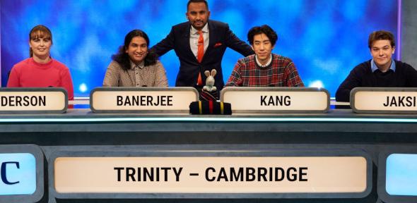 Trinity University Challenge Team on set with Amol Rajan