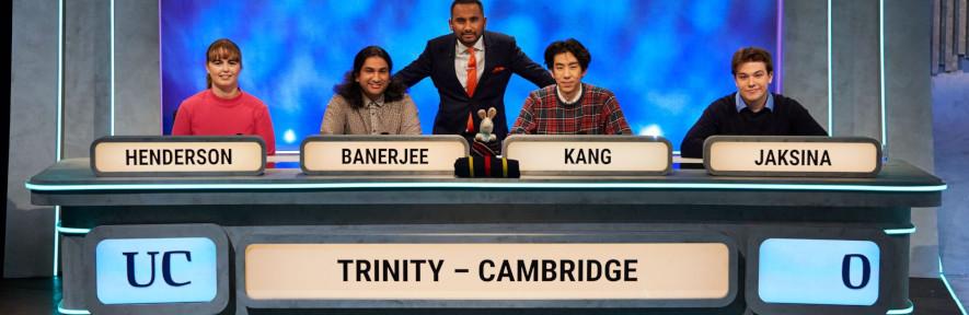 Trinity University Challenge Team on set with Amol Rajan